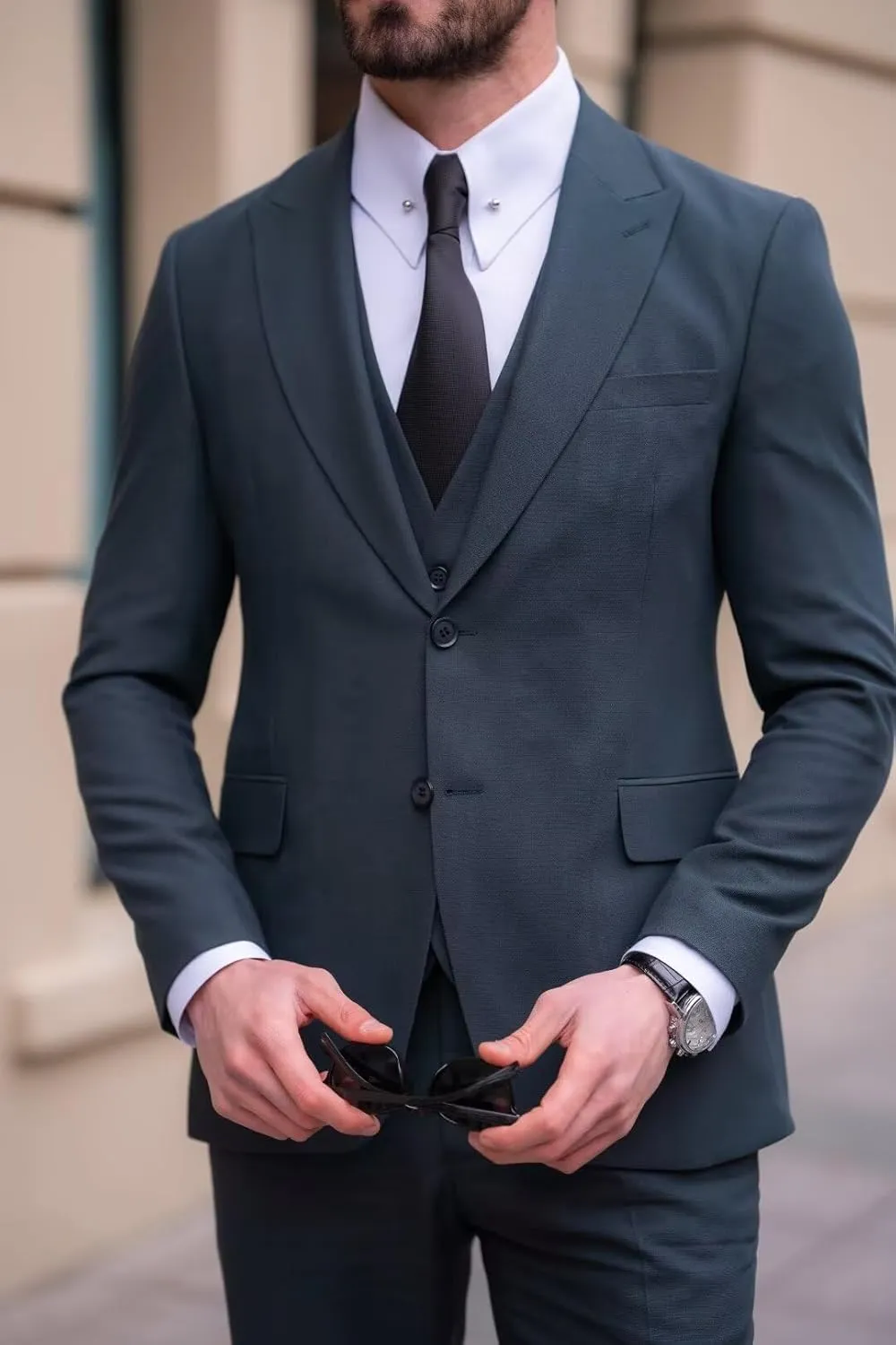 EMERAIDVLN Men's Party Suits 3 Piece Slim Fit Wedding Prom Business Suit 2 Button Peak Lapel Blazer Vest and Pants Tuxedo Set