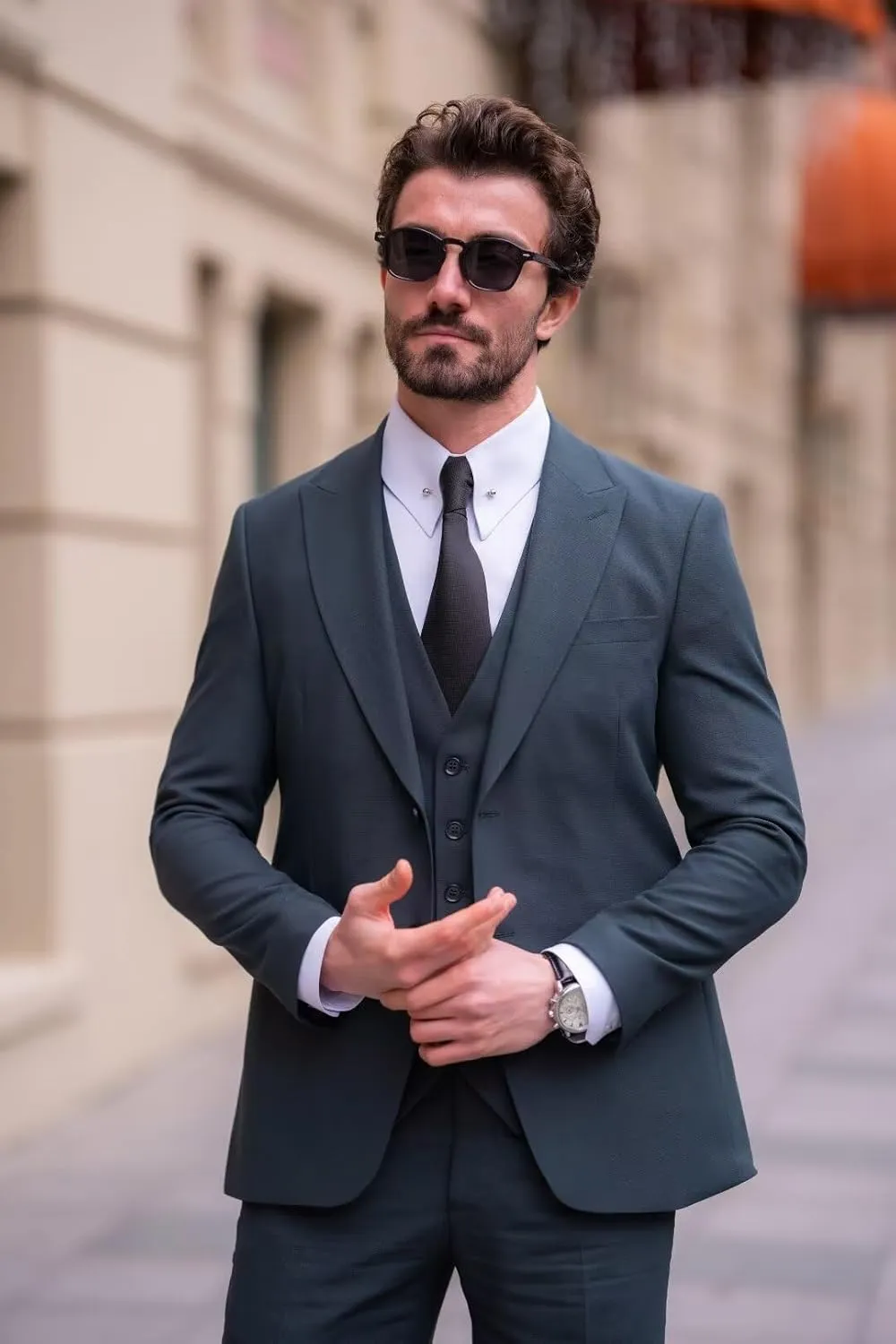 EMERAIDVLN Men's Party Suits 3 Piece Slim Fit Wedding Prom Business Suit 2 Button Peak Lapel Blazer Vest and Pants Tuxedo Set