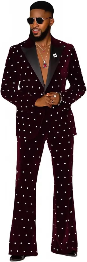 Fashion Velvet Men's Suits with Rhinestones 2 Pieces Prom Tuxedo Regular Fit Peak Lapel Blazer Pants for Dinner Wedding