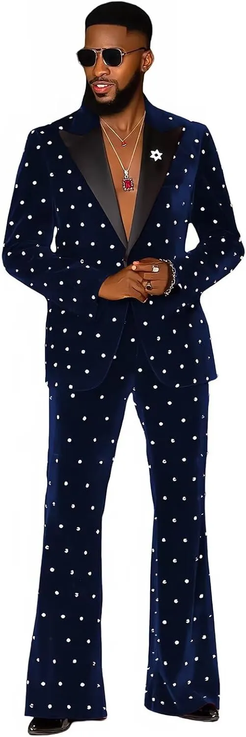 Fashion Velvet Men's Suits with Rhinestones 2 Pieces Prom Tuxedo Regular Fit Peak Lapel Blazer Pants for Dinner Wedding