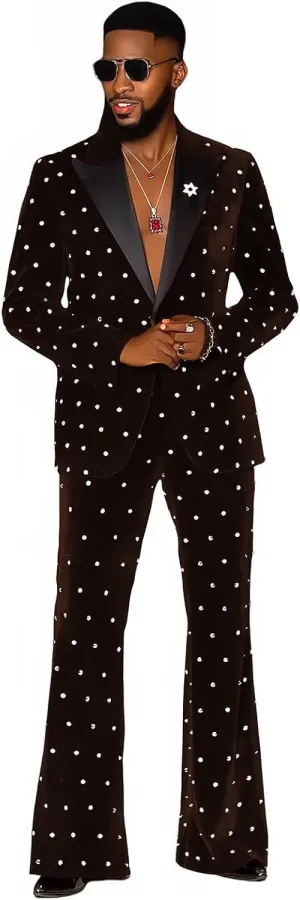 Fashion Velvet Men's Suits with Rhinestones 2 Pieces Prom Tuxedo Regular Fit Peak Lapel Blazer Pants for Dinner Wedding