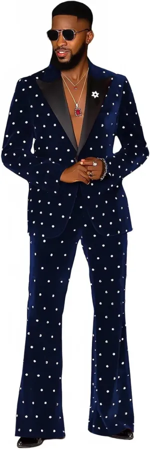 Fashion Velvet Men's Suits with Rhinestones 2 Pieces Prom Tuxedo Regular Fit Peak Lapel Blazer Pants for Dinner Wedding