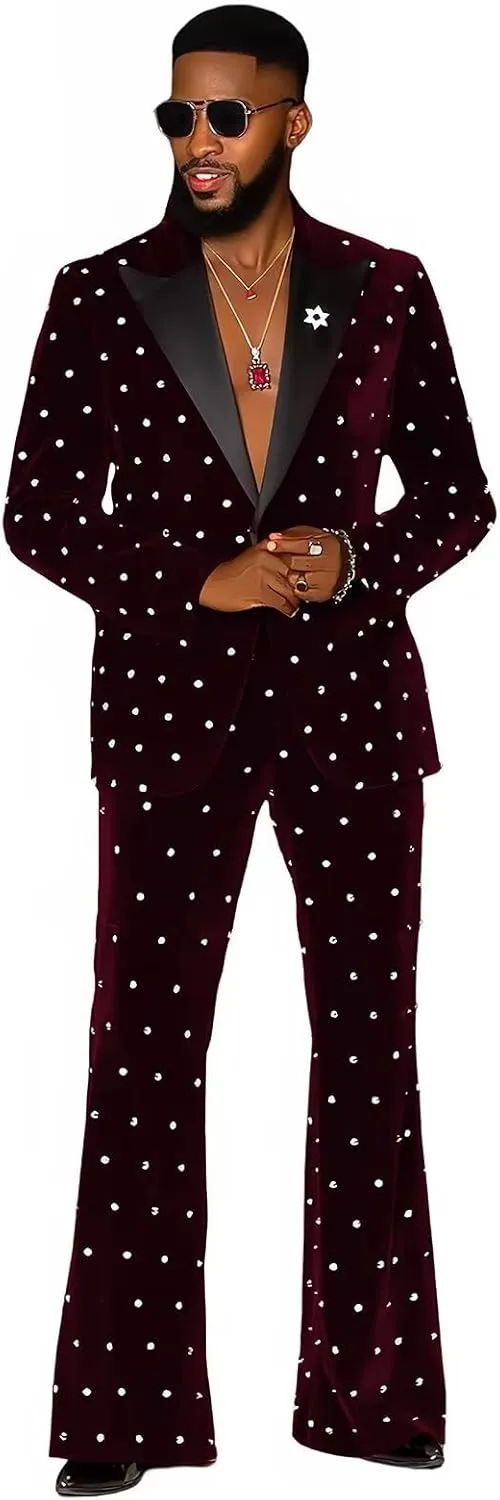 Fashion Velvet Men's Suits with Rhinestones 2 Pieces Prom Tuxedo Regular Fit Peak Lapel Blazer Pants for Dinner Wedding