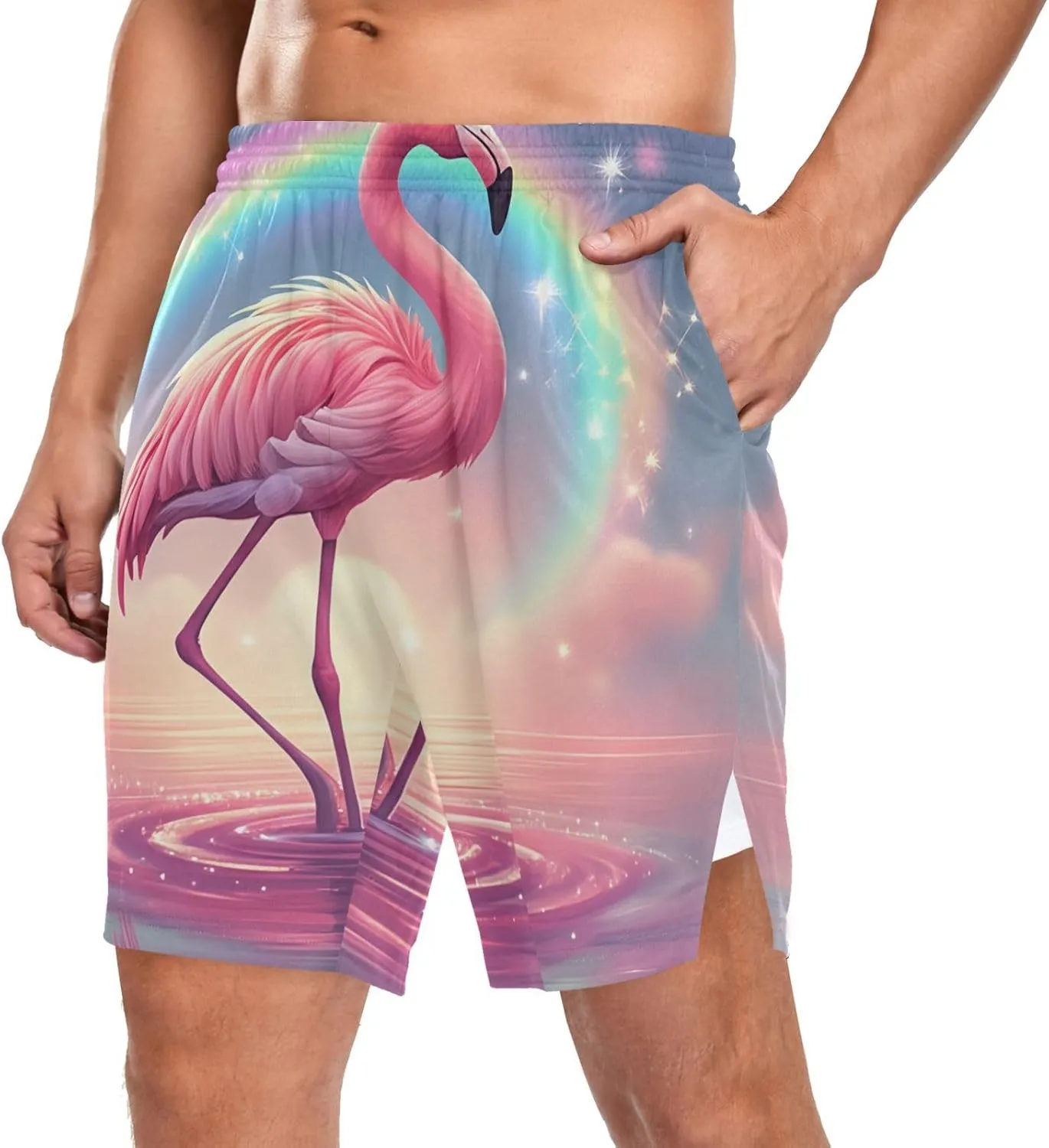 Flamingo Rainbow Athletic Shorts for Men with Pockets and Liners Quick Dry Running Workout Shorts S 2140099