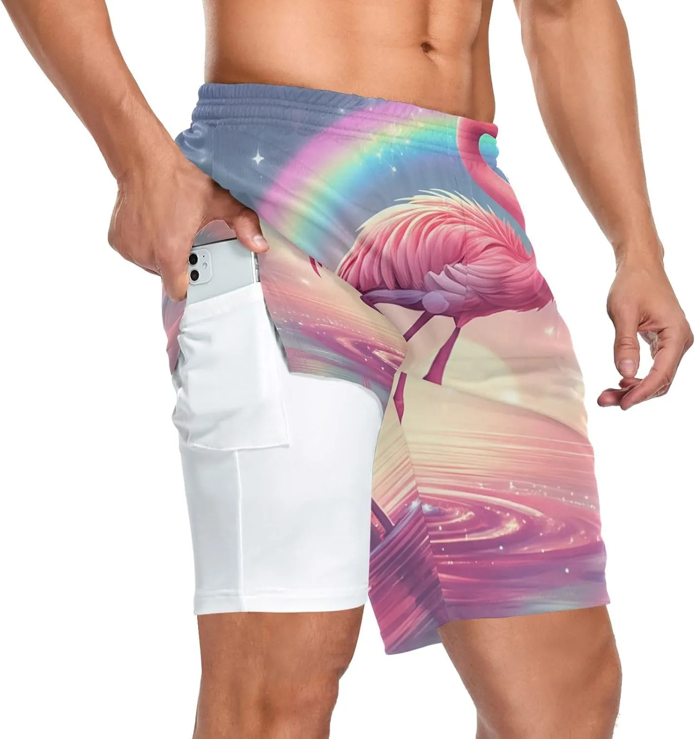 Flamingo Rainbow Athletic Shorts for Men with Pockets and Liners Quick Dry Running Workout Shorts S 2140099