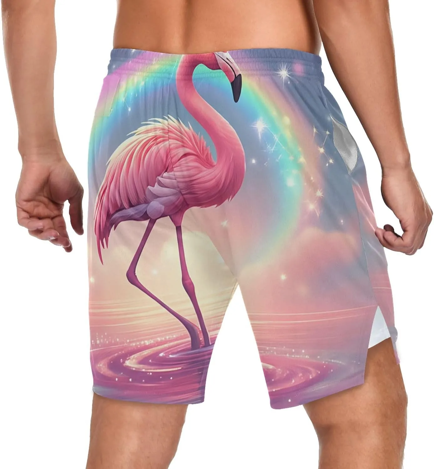 Flamingo Rainbow Athletic Shorts for Men with Pockets and Liners Quick Dry Running Workout Shorts S 2140099