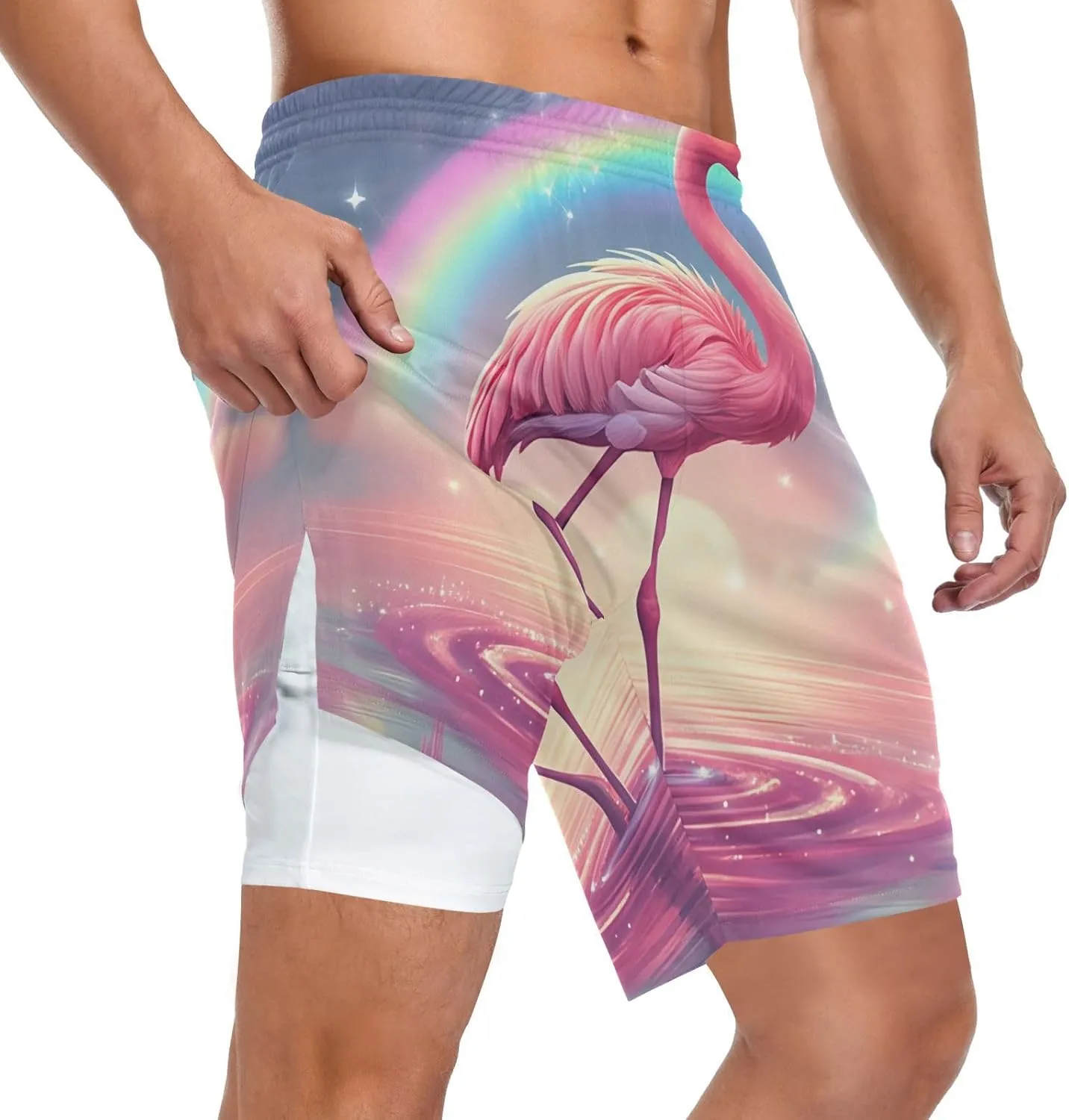 Flamingo Rainbow Athletic Shorts for Men with Pockets and Liners Quick Dry Running Workout Shorts S 2140099