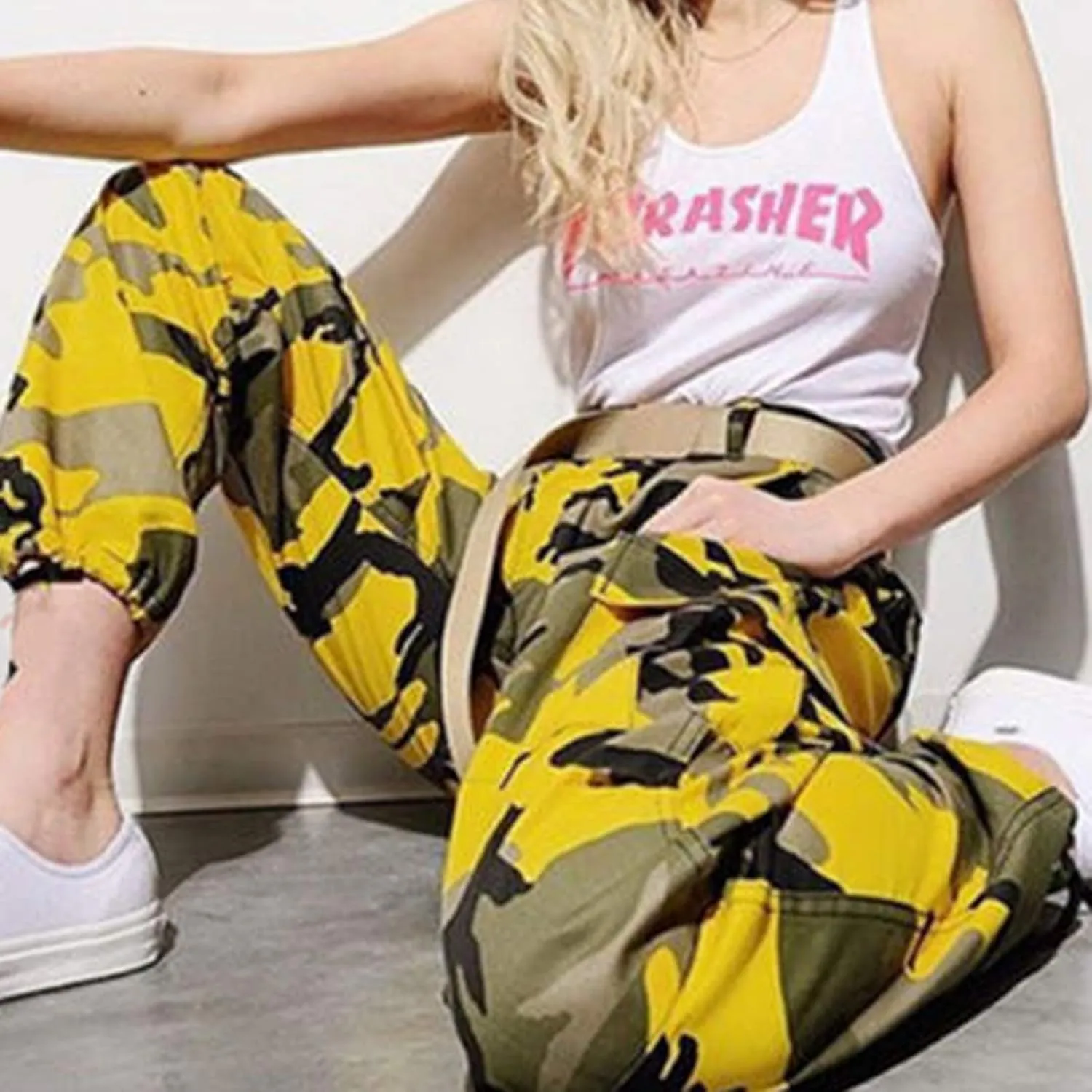 FULA-bao Women High Waist Cargo Pants Casual Active Loose Fit Military Multi-Pockets Hip Hop Jogger Pants Trousers