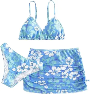 Girl's 3 Piece Set Cute Floral Print Bikini Bathing Swim Suits with Beach Skirt Coverup