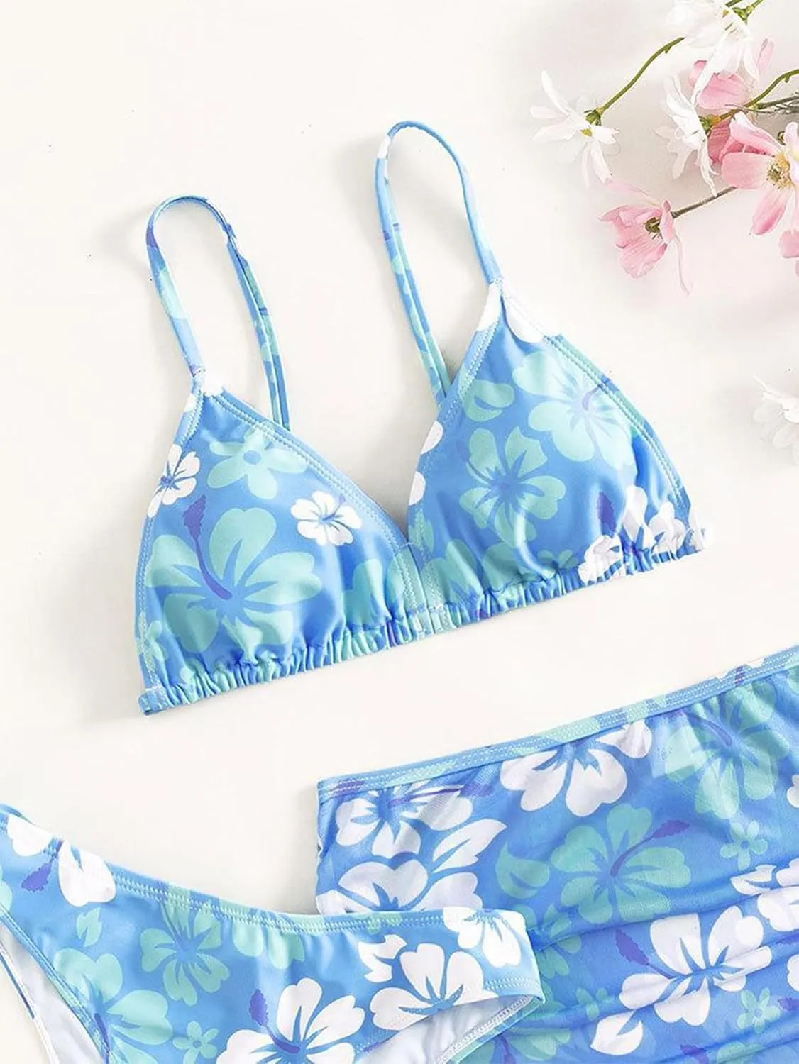 Girl's 3 Piece Set Cute Floral Print Bikini Bathing Swim Suits with Beach Skirt Coverup