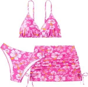 Girl's 3 Piece Set Cute Floral Print Bikini Bathing Swim Suits with Beach Skirt Coverup
