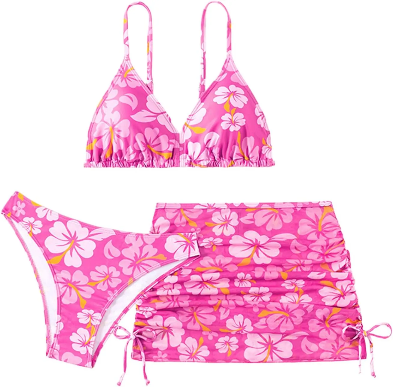 Girl's 3 Piece Set Cute Floral Print Bikini Bathing Swim Suits with Beach Skirt Coverup