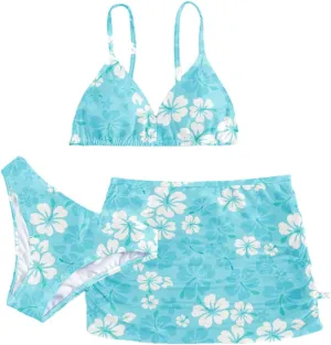Girl's 3 Piece Set Cute Floral Print Bikini Bathing Swim Suits with Beach Skirt Coverup