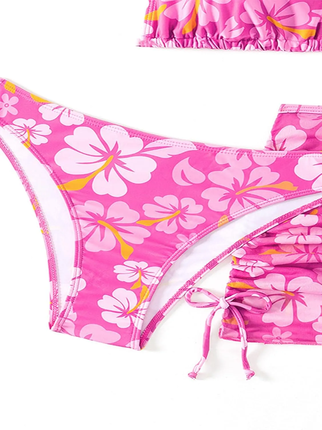 Girl's 3 Piece Set Cute Floral Print Bikini Bathing Swim Suits with Beach Skirt Coverup