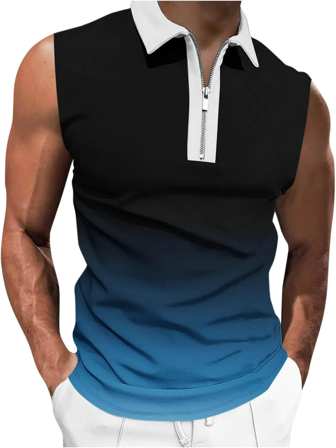 Gradient Zip Collared Tank Tops for Men Trendy Muscle Sleeveless T Shirts Summer Casual Golf Training Workout Gym Top
