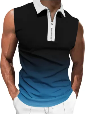 Gradient Zip Collared Tank Tops for Men Trendy Muscle Sleeveless T Shirts Summer Casual Golf Training Workout Gym Top