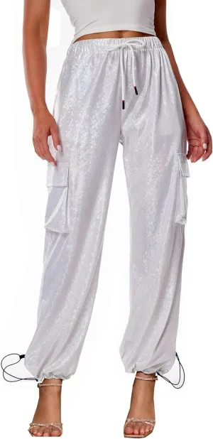 heipeiwa Women's Sequin Sparkly Wide Leg Cargo Pants Party Club Drawstring Ankle Cuffs Hiking Jogger Pant