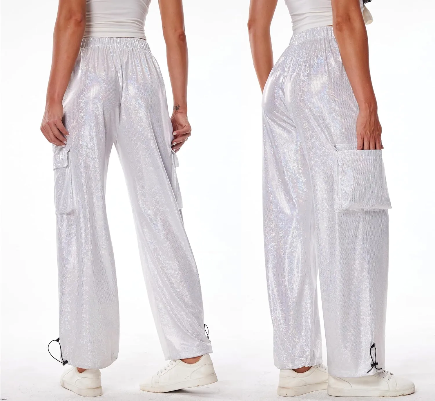 heipeiwa Women's Sequin Sparkly Wide Leg Cargo Pants Party Club Drawstring Ankle Cuffs Hiking Jogger Pant