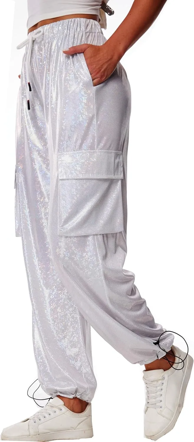heipeiwa Women's Sequin Sparkly Wide Leg Cargo Pants Party Club Drawstring Ankle Cuffs Hiking Jogger Pant