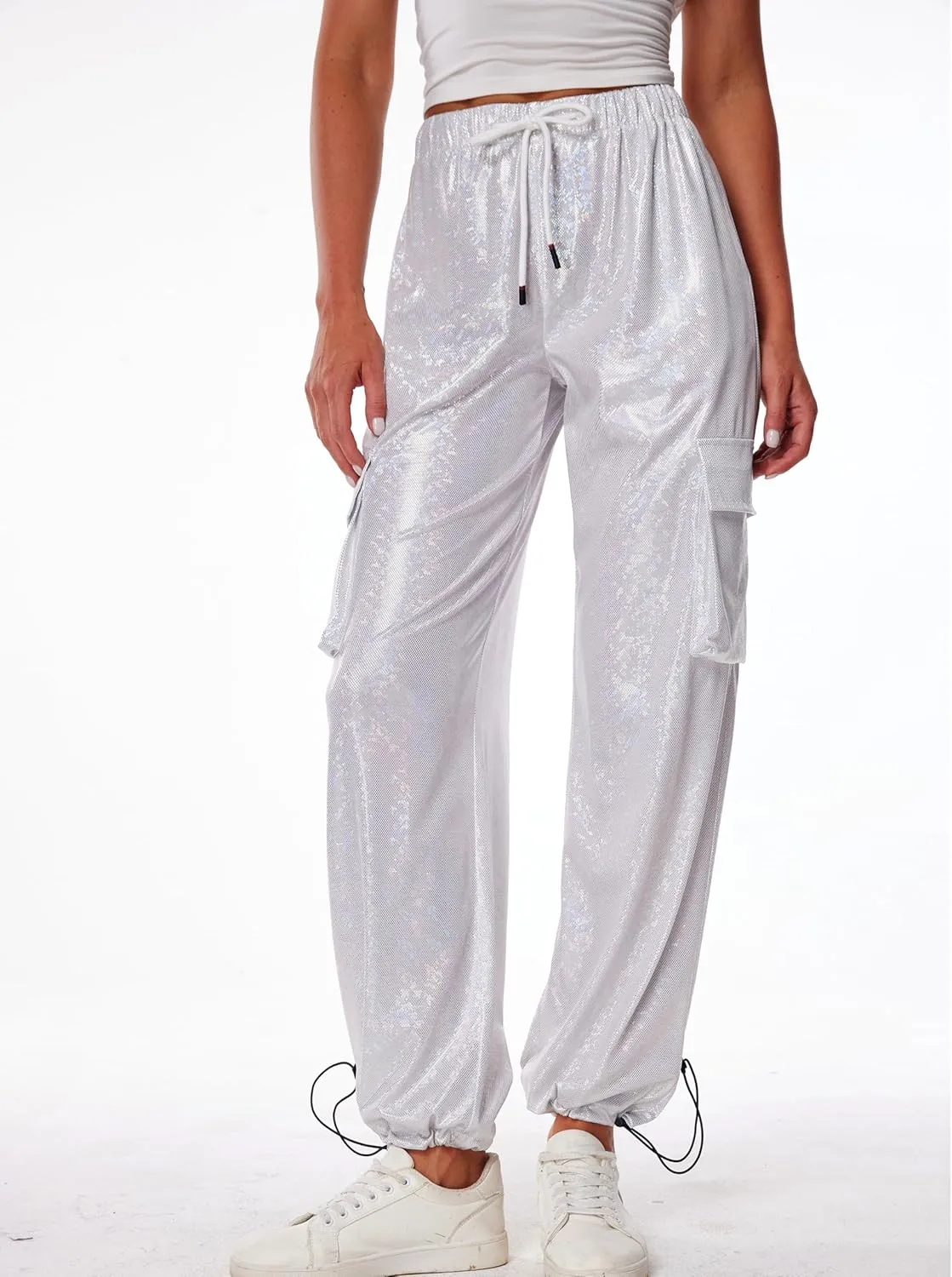 heipeiwa Women's Sequin Sparkly Wide Leg Cargo Pants Party Club Drawstring Ankle Cuffs Hiking Jogger Pant