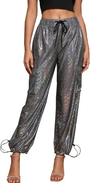 heipeiwa Women's Sequin Sparkly Wide Leg Cargo Pants Party Club Drawstring Ankle Cuffs Hiking Jogger Pant