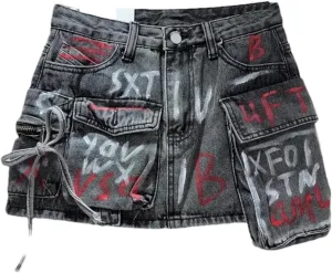 High Street Hand-Painted Graffiti Pocket Design Spliced A-Line Denim Short Skirt for Women Summer