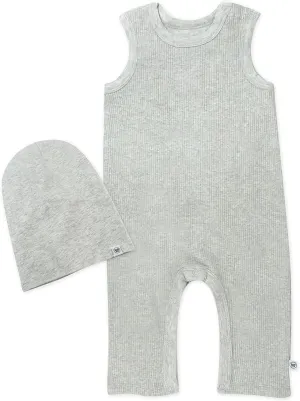HonestBaby Sleeveless Rib Coverall and Beanie set Organic Cotton for Baby Boys, Girls, Light Gray Heather, Newborn