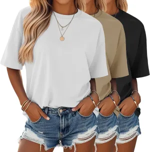Huukeay 3 Pack Women's Short Sleeve T-Shirts Loose Fit Casual Crew Neck Cuffed Basic Tops Plain Trendy Summer Tee Shirts