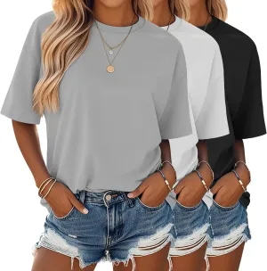 Huukeay 3 Pack Women's Short Sleeve T-Shirts Loose Fit Casual Crew Neck Cuffed Basic Tops Plain Trendy Summer Tee Shirts