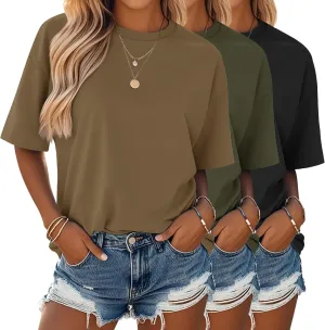 Huukeay 3 Pack Women's Short Sleeve T-Shirts Loose Fit Casual Crew Neck Cuffed Basic Tops Plain Trendy Summer Tee Shirts