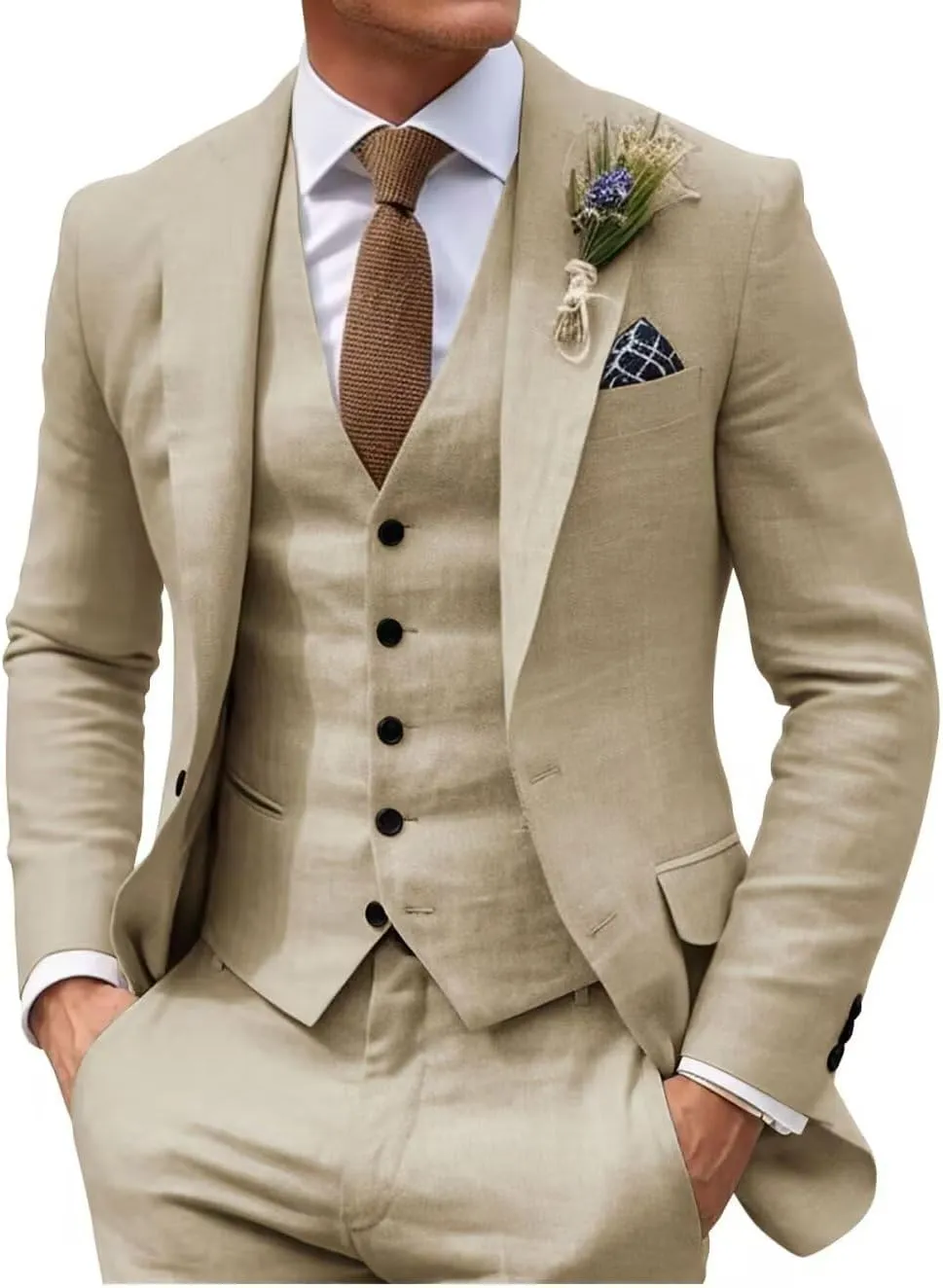 HUUTOE Mens 3 Piece Linen Slim Fit Suits for Men Beach Wedding Summer Prom Casual Grooms Blazer Pants and Vest Suit Set