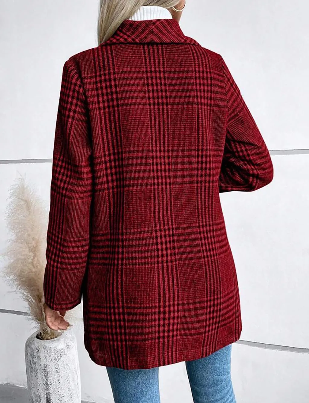 IDEALSANXUN Long Wool Plaid Blazer for Women Fall Outfits Winter Trench Coat Long Sleeve Casual Dressy Lapel Jacket Peacoat