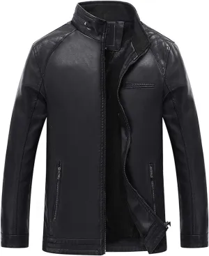 Itemnew Men Simple Stylish Band Collar Zip Diamond-Quilted Moto Pu Leather Biker Jacket