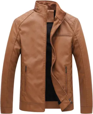 Itemnew Men Simple Stylish Band Collar Zip Diamond-Quilted Moto Pu Leather Biker Jacket