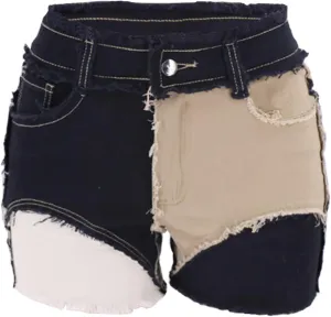 JEKE-DG Womens Mid Rise Stretchy Patchwork Jeans Color Block Leg Raw Hem Denim Shorts Raw Frayed Casual Denim Shorts