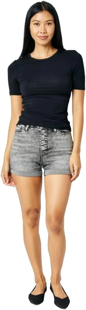Judy Blue High Waist Button Fly Cuffed Shorts Grey for Women-High Waisted Jean Shorts Womens 150231-