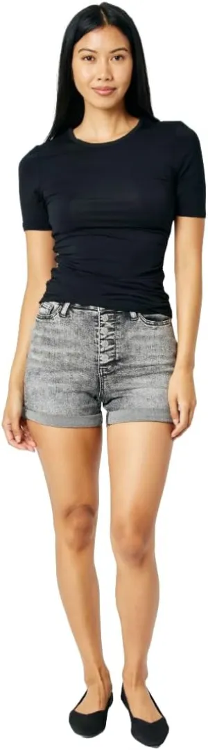 Judy Blue High Waist Button Fly Cuffed Shorts Grey for Women-High Waisted Jean Shorts Womens 150231-