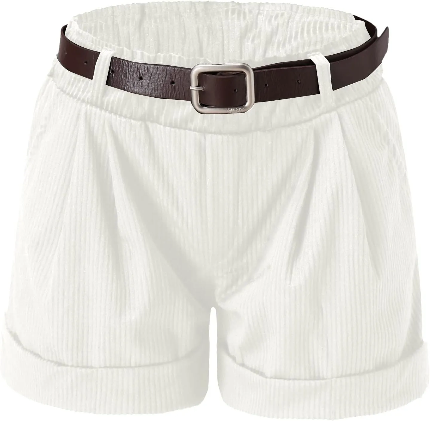Kingspinner Women High Waisted Corduroy Shorts Casual Wide Leg Rolled Hem Shorts with Pocket Elastic Plus Size Bermuda Shorts