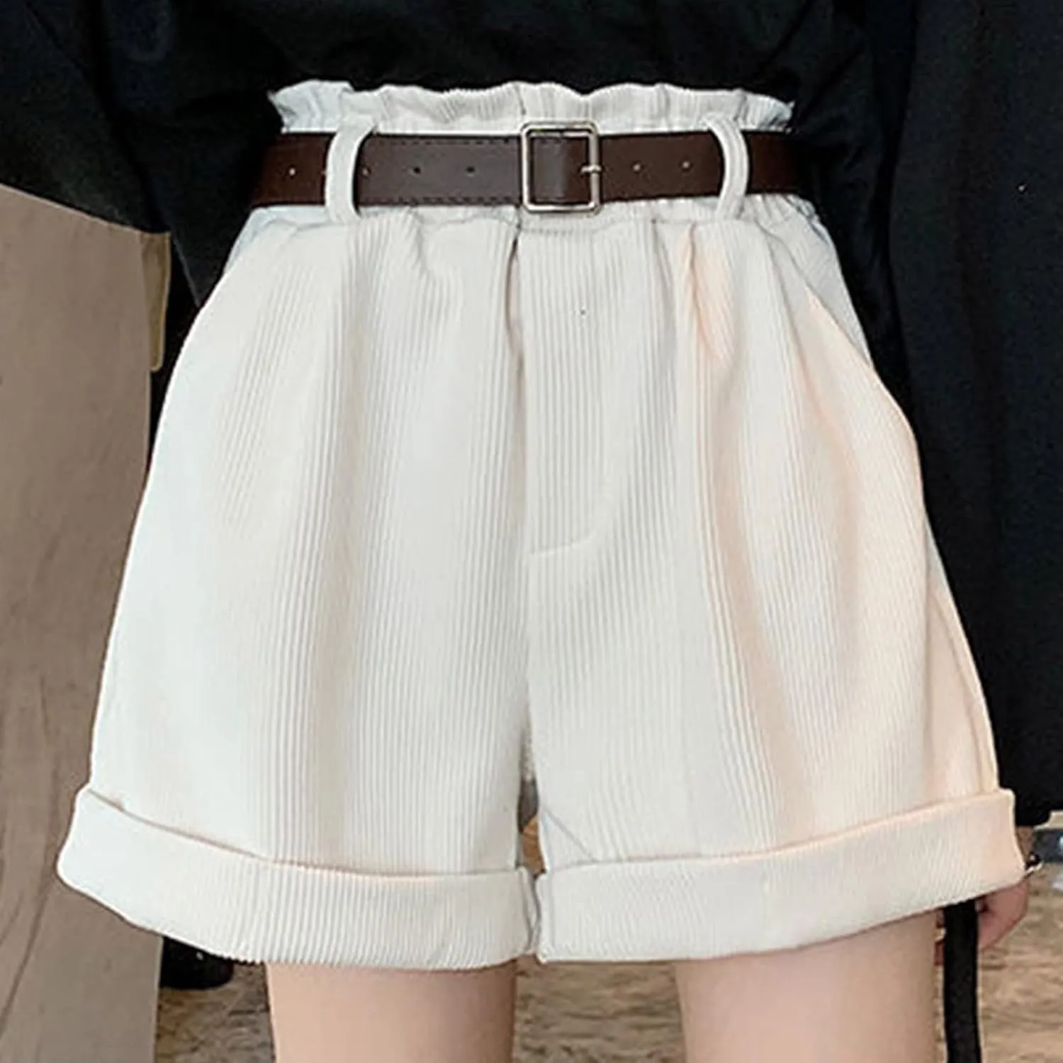 Kingspinner Women High Waisted Corduroy Shorts Casual Wide Leg Rolled Hem Shorts with Pocket Elastic Plus Size Bermuda Shorts