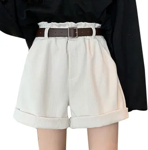 Kingspinner Women High Waisted Corduroy Shorts Casual Wide Leg Rolled Hem Shorts with Pocket Elastic Plus Size Bermuda Shorts