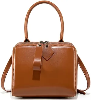 Ladies Small Leather Satchel Handbag, Structured Top Handle Purse, Brown, Crossbody Strap