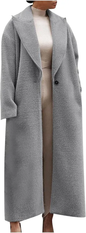 lcziwo Winter Peacoat for Women Fashion Notch Lapel Pea Coats Wool Blend Warm Long Trench Coat Casual Loose Jackets Overcoat