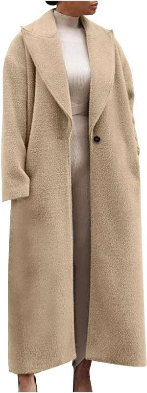 lcziwo Winter Peacoat for Women Fashion Notch Lapel Pea Coats Wool Blend Warm Long Trench Coat Casual Loose Jackets Overcoat