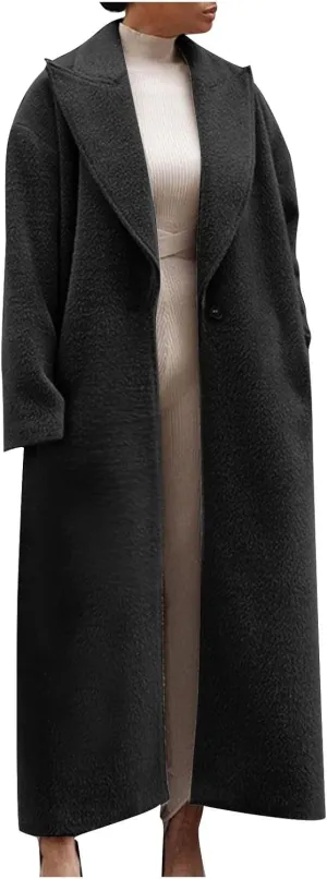 lcziwo Winter Peacoat for Women Fashion Notch Lapel Pea Coats Wool Blend Warm Long Trench Coat Casual Loose Jackets Overcoat