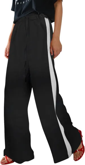 Leopard Print Pants for Women 2025 Drawstring High Waisted Color Block Side Striped Straight Leg Wide Leg Loose Pant