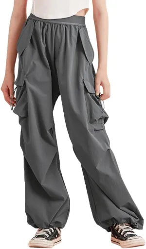 Lightweight Silky Jogger Pants for Girls Kids & Toddler Warm Weather Cargo Loose High Waisted Pants