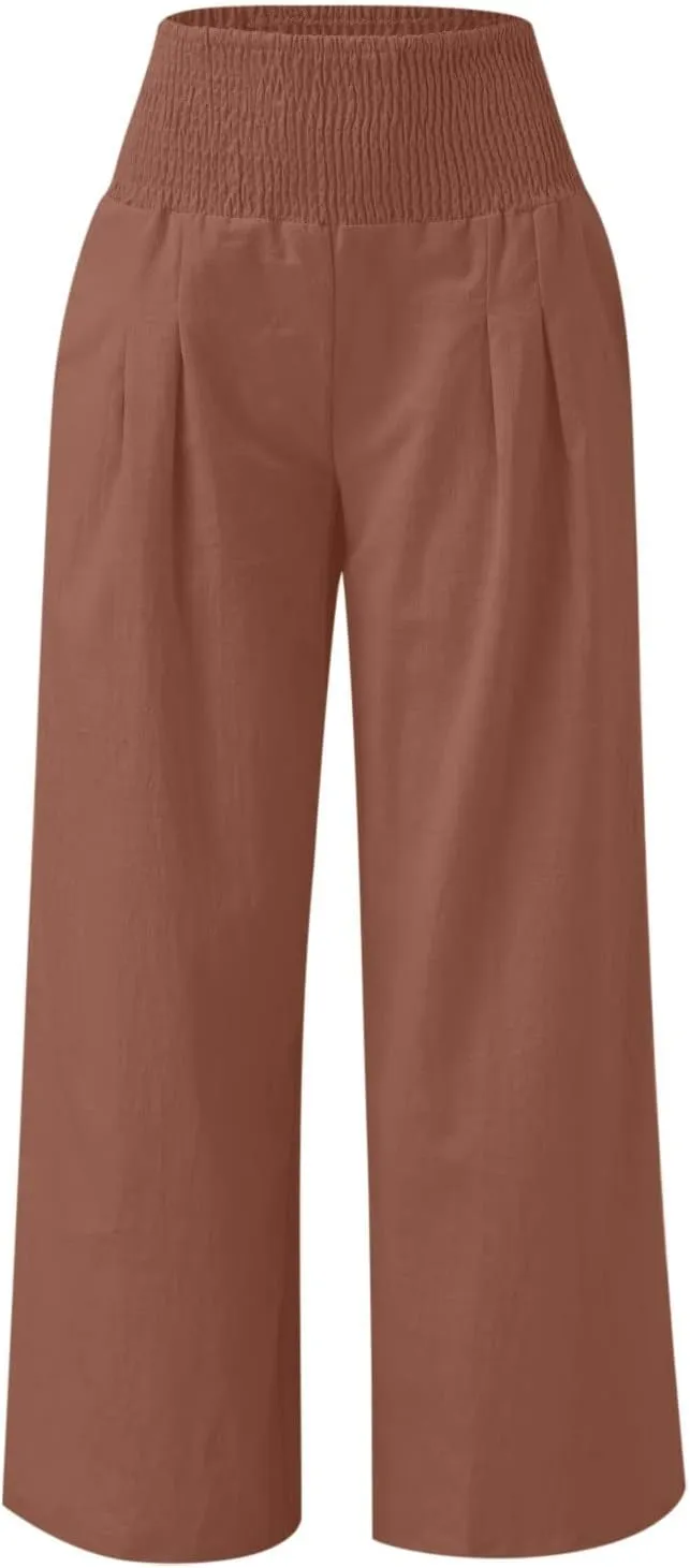 Linen Pants Women Tall High Waist Wide Leg Palazzo Boho Flowy Pants Summer Beach Vacation Lounge Trouser with Pockets