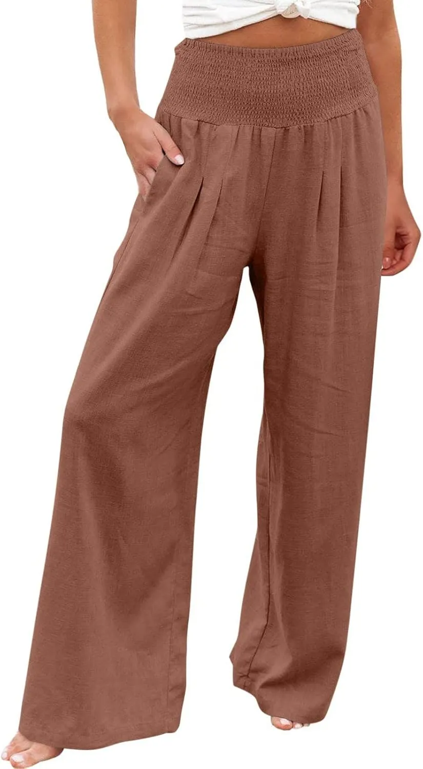 Linen Pants Women Tall High Waist Wide Leg Palazzo Boho Flowy Pants Summer Beach Vacation Lounge Trouser with Pockets