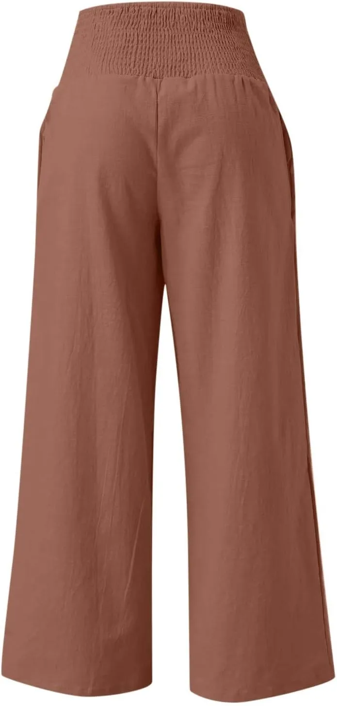 Linen Pants Women Tall High Waist Wide Leg Palazzo Boho Flowy Pants Summer Beach Vacation Lounge Trouser with Pockets