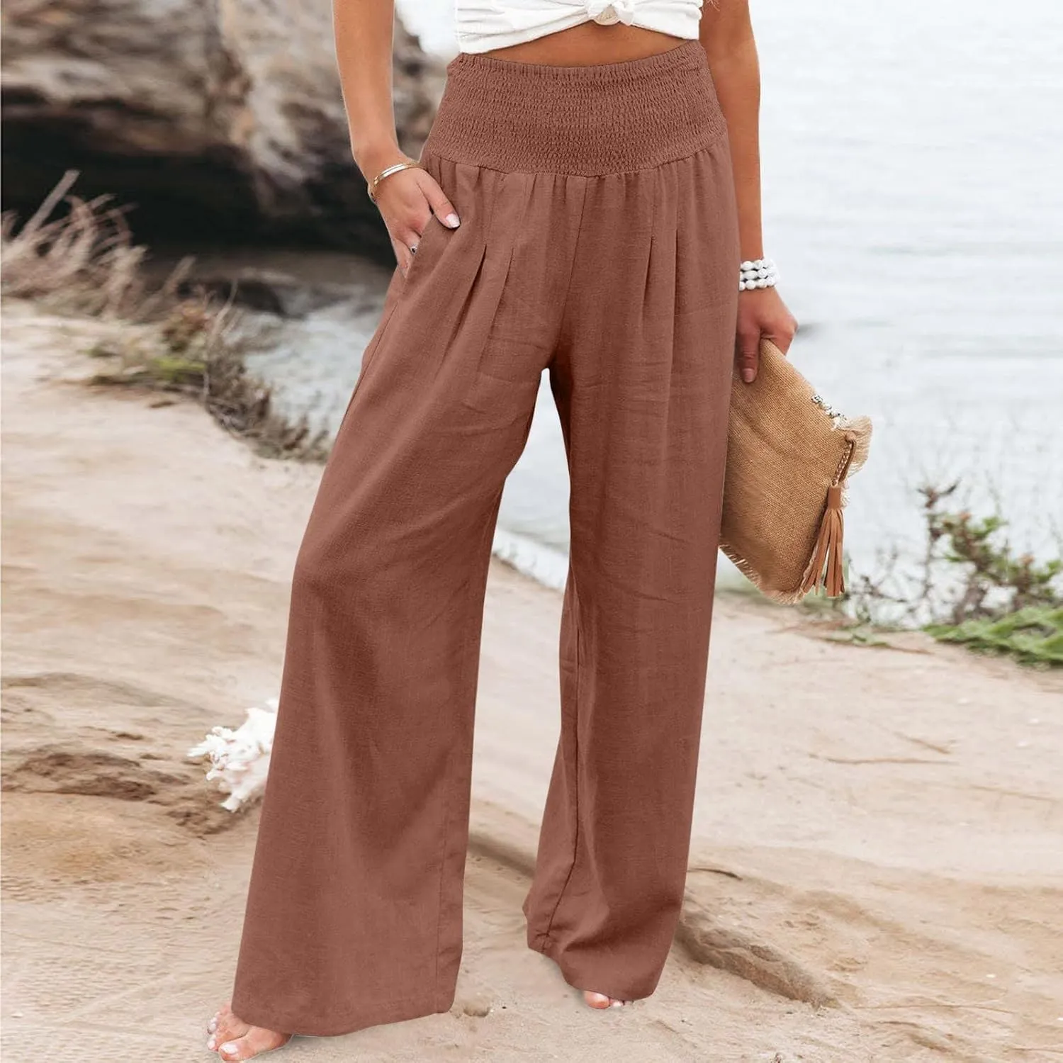 Linen Pants Women Tall High Waist Wide Leg Palazzo Boho Flowy Pants Summer Beach Vacation Lounge Trouser with Pockets